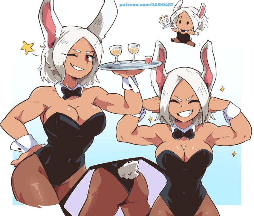 1girl alternate_hair_length alternate_hairstyle animal_ears ass black_leotard blue_background boku_no_hero_academia bow bowtie breasts chibi cleavage closed_eyes commentary cropped_legs cup dark-skinned_female dark_skin dashi detached_collar english_commentary flexing gradient gradient_background grin hands_up highleg highleg_leotard highres holding holding_tray leotard looking_at_viewer mirko multiple_views no_mouth one_eye_closed pantyhose patreon_username playboy_bunny pose rabbit_ears rabbit_tail red_eyes short_hair skindentation smile spilling star_(symbol) strapless strapless_leotard tail tray v-shaped_eyebrows web_address white_background white_hair wrist_cuffs
