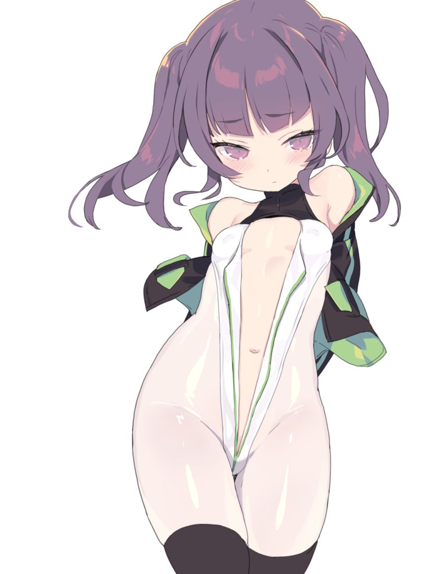 1girl bare_shoulders blade_(galaxist) blush breasts closed_mouth cowboy_shot embarrassed green_jacket highleg highleg_leotard highres jacket jacket_partially_removed leotard looking_at_viewer navel open_leotard original petite purple_hair simple_background small_breasts solo twintails white_background white_leotard