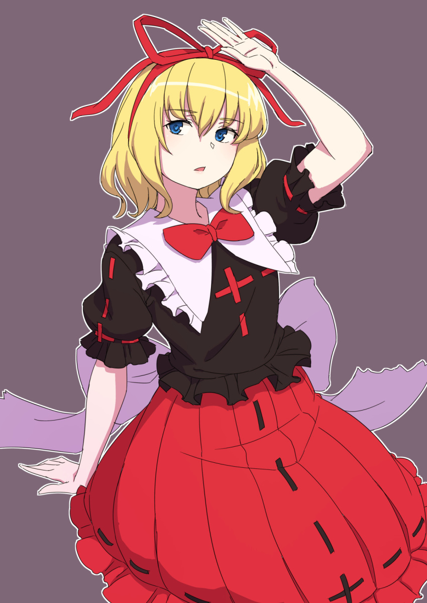 1girl bangs black_shirt blonde_hair grey_background hair_ribbon highres kakone looking_at_viewer medicine_melancholy one-hour_drawing_challenge open_mouth petticoat red_ribbon red_skirt ribbon shirt short_hair simple_background skirt solo touhou