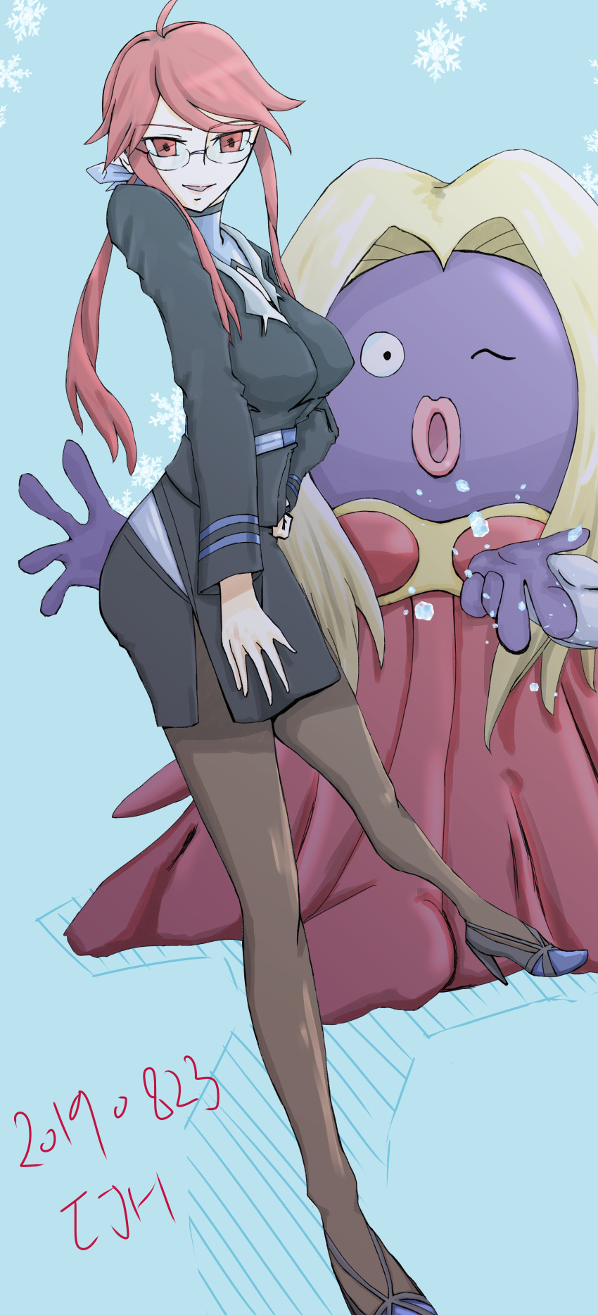 absurdres black_suit breasts brown_legwear formal glasses hand_on_hip highres jynx long_sleeves lorelei_(pokemon) monster_girl pantyhose pokemon pokemon_(creature) pokemon_(game) pokemon_lgpe ponytail red_eyes red_hair sidelocks suit tlstmzk336 turtleneck