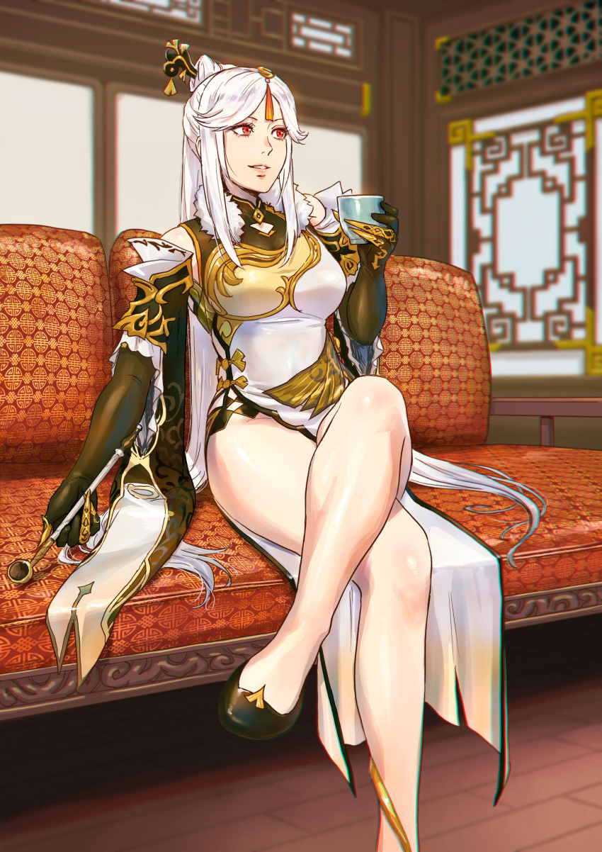 1girl azasuke bare_legs black_footwear black_gloves breasts china_dress chinese_clothes commentary_request couch crossed_legs cup dress elbow_gloves finger_cots genshin_impact gloves hair_ornament hair_stick high_heels highres holding holding_cup holding_smoking_pipe kiseru large_breasts long_hair ningguang_(genshin_impact) parted_lips red_eyes sitting smile smoking_pipe solo tassel white_dress white_hair
