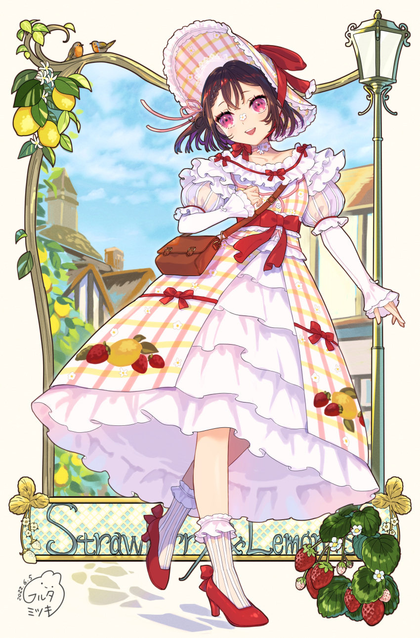 1girl :d absurdres architecture bag bangs bird blush bonnet border bow brown_eyes bush choker daisy dress english_text flower flower_choker flower_on_head food food_print frilled_dress frills fruit hand_up hat hat_ribbon high_heels highres juliet_sleeves lamppost layered_dress lemon lemon_print lolita_fashion long_sleeves looking_afar open_mouth original outdoors pink_eyes plaid plant puffy_sleeves ribbon robin_(bird) sangatsu_(mitsuki358) short_hair shoulder_bag signature sleeves_past_wrists smile socks solo stone_walkway strawberry strawberry_print village waist_bow walking