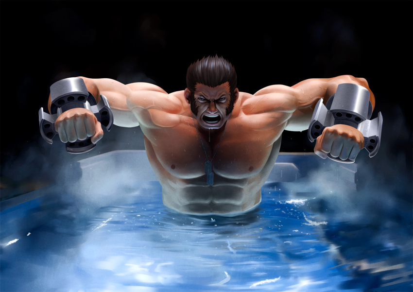 1boy abs angry bara black_background brown_hair clenched_hand cosplay cyborg dog_tags looking_at_viewer male_focus marvel maxima mechanical_arms muscular muscular_male open_mouth pectorals short_hair sideburns the_king_of_fighters topless_male veins veiny_arms water wet wolverine wolverine_(cosplay) zelo-lee
