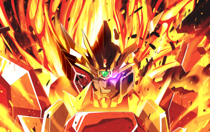 absurdres clenched_teeth damaged final_gaogaigar fire galactic_small_yellow glowing glowing_eye hakaiou:_gaogaigar_vs._betterman highres mecha no_humans portrait purple_eyes red_eyes robot science_fiction solo teeth v-fin yuusha_ou_gaogaigar yuusha_series