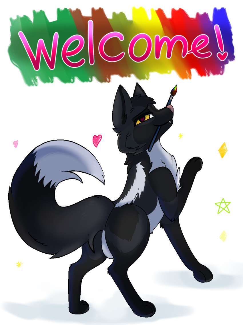 &lt;3 banner brush canid canine female feral fox hi_res mammal mylixe_(sillyfoxart) paintbrush red_fox sillyfoxart silver_fox solo welcome_sign