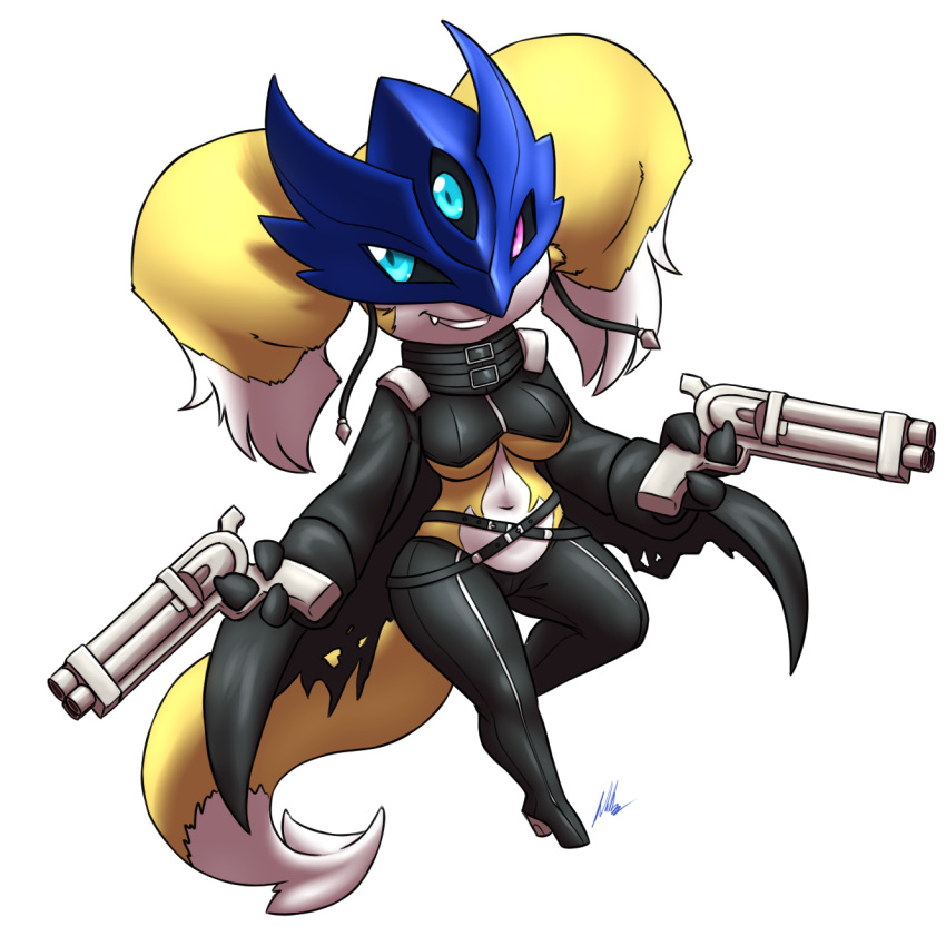 3_eyes alpha_channel anthro bandai_namco beelstarmon belt black_leather breasts cosplay cute_fangs dark_sclera digimon digimon_(species) dipstick_ears dipstick_tail exposed_belly female forked_tail furball_(artist) gun heterochromia hi_res high_heels hybrid impmon markings mask multi_eye multicolored_ears navel ranged_weapon renamon renimpmon renimpmon_x short_stack simple_background solo tail_markings transparent_background under_boob unusual_anatomy unusual_tail weapon