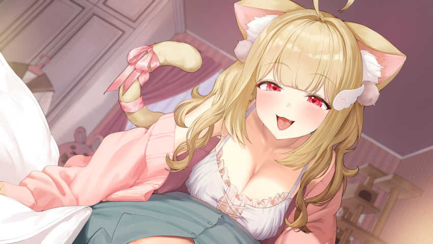 1boy 1girl ahoge animal_ear_fluff animal_ears blonde_hair blush breasts cardigan cat_ears cat_girl cat_tail cleavage collarbone dress fang hair_ornament highres indoors kemomimi_refle! large_breasts looking_at_viewer nekoma_karin open_mouth pink_cardigan pov red_eyes shien_(tatunokoshien00) shirt solo_focus tail tongue tongue_out virtual_youtuber white_dress
