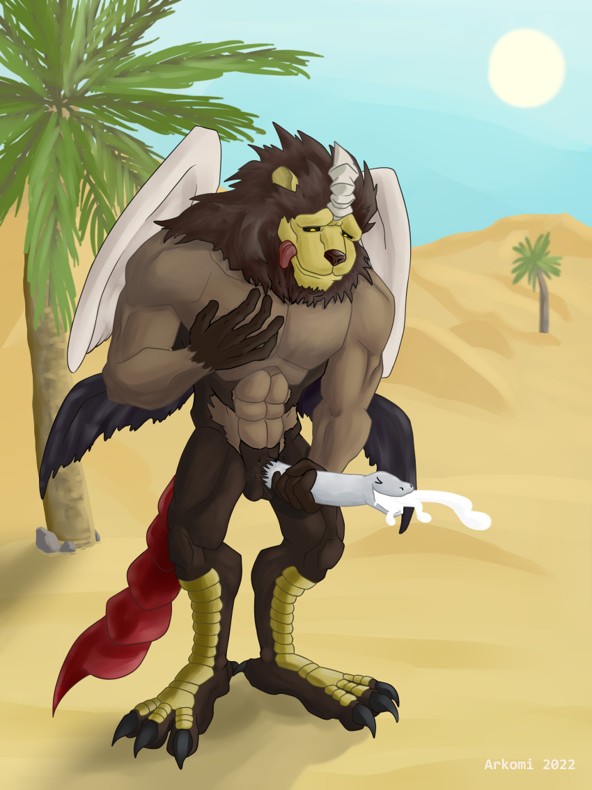 absurd_res anthro arkomi babylonian_mythology balls bodily_fluids chimera chimera_humanoid cum cumshot deity demon desert ejaculation erection felid genital_fluids genitals hi_res humanoid invalid_tag jerking lion male male/male mammal manly masturbation middle_eastern_mythology monster muscular muscular_male mythology nsfw outdoor_nudity outdoors_nudity outside palm_tree pantherine pazuzu penis plant reptile scalie serpentine snake snake_penis solo tree unusual_anatomy unusual_genitalia unusual_penis