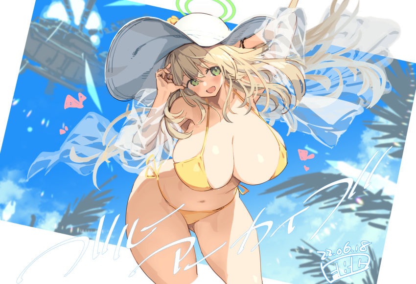 1girl aircraft bikini blonde_hair blue_archive blush breasts cleavage collarbone commentary_request dated fbc green_eyes halo hat helicopter huge_breasts leaning_forward long_hair looking_at_viewer navel nonomi_(blue_archive) nonomi_(swimsuit)_(blue_archive) official_alternate_costume open_mouth outdoors outside_border plump side-tie_bikini solo sun_hat swimsuit wind yellow_bikini