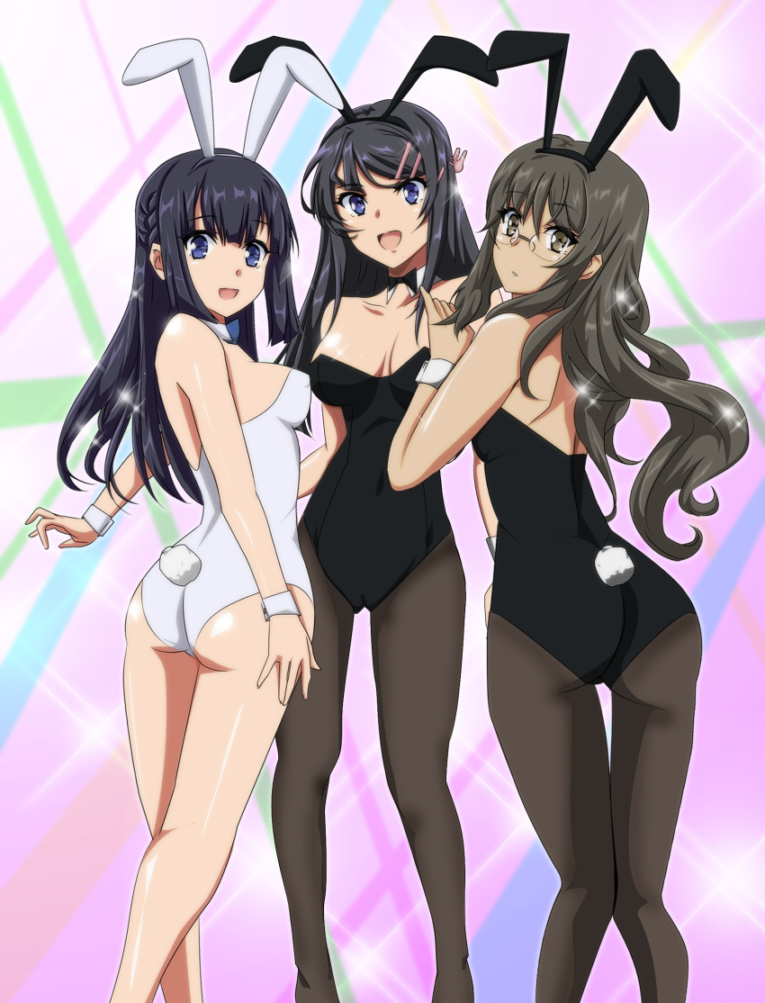 3girls :d absurdres animal_ears ass bangs bare_legs bare_shoulders black_hair black_legwear bow bowtie breasts brown_eyes cameltoe cleavage covered_navel covered_nipples detached_collar fake_animal_ears fake_tail futaba_rio gentoku glasses hair_ornament hairclip highres long_hair looking_at_viewer makinohara_shouko multiple_girls pantyhose playboy_bunny purple_eyes rabbit_ears rabbit_tail sakurajima_mai seishun_buta_yarou smile tail wrist_cuffs