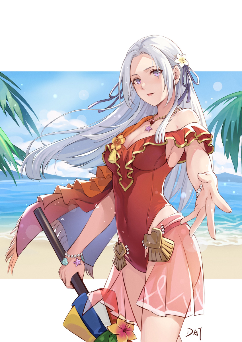 1girl absurdres bare_shoulders beach blue_sky breasts cleavage closed_umbrella covered_navel cowboy_shot da-cart day edelgard_von_hresvelg fire_emblem fire_emblem:_three_houses fire_emblem_heroes flower forehead hair_ribbon highres holding holding_umbrella long_hair looking_at_viewer medium_breasts ocean off-shoulder_one-piece_swimsuit off_shoulder official_alternate_costume one-piece_swimsuit orange_flower outdoors parted_lips purple_eyes purple_ribbon red_swimsuit ribbon short_sleeves sky solo standing swimsuit thighs umbrella very_long_hair water white_hair
