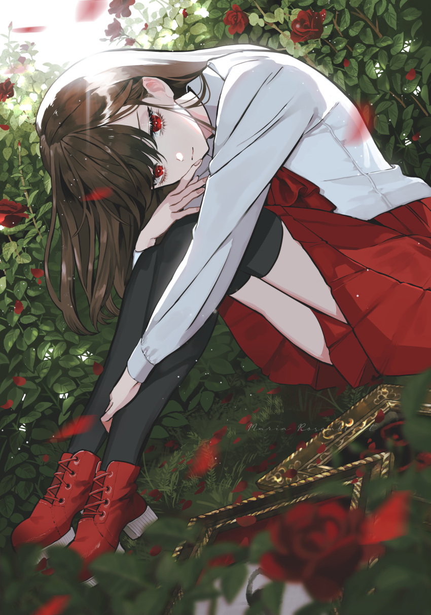 1girl absurdres bangs boots brown_hair collared_shirt falling_petals flower half-closed_eyes hand_up high_heel_boots high_heels highres hugging_own_legs ib ib_(ib) knees_up leaning_forward long_hair long_sleeves looking_to_the_side neck_ribbon on_ground outdoors outstretched_arm petals picture_frame pleated_skirt red_eyes ribbon rose rose_bush shirt sitting skirt solo thighhighs yumeno_yume