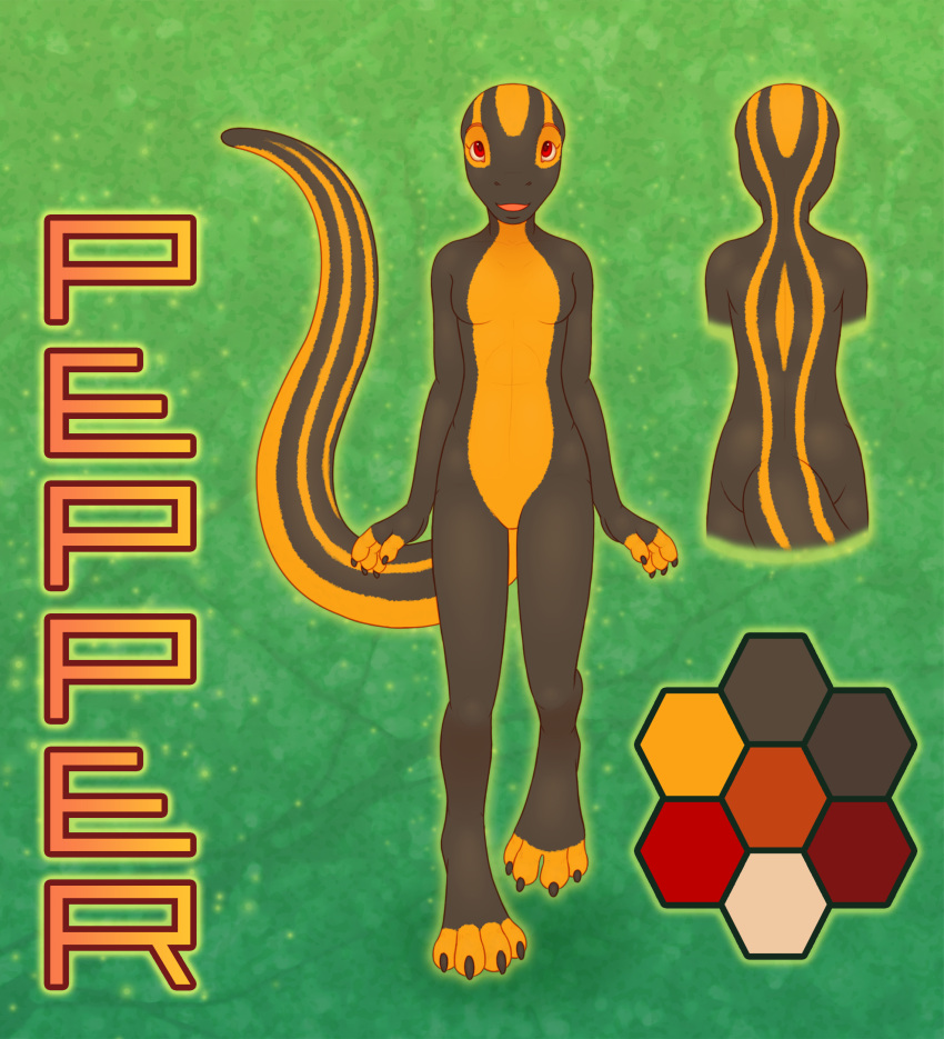 absurd_res amphibian anthro belly black_body chokodonkey claws female fire_salamander_(salamander) hi_res markings model_sheet on_one_leg salamander_(amphibian) solo standing toe_claws yellow_belly