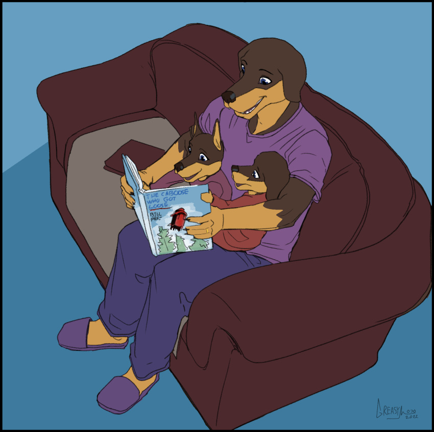 anthro baby blue_eyes book canid canine canis clothing daniel_porter daughter digit_ring dobermann domestic_dog father father_and_child father_and_daughter female furniture good_parenting greasymojo group hi_res jewelry jumper male male/female mammal parent parent_and_child pinscher reading reading_aloud reading_book ring rosemary_porter samantha_porter shirt slice_of_life slippers smile sofa sweatpants t-shirt topwear trio wedding_ring young