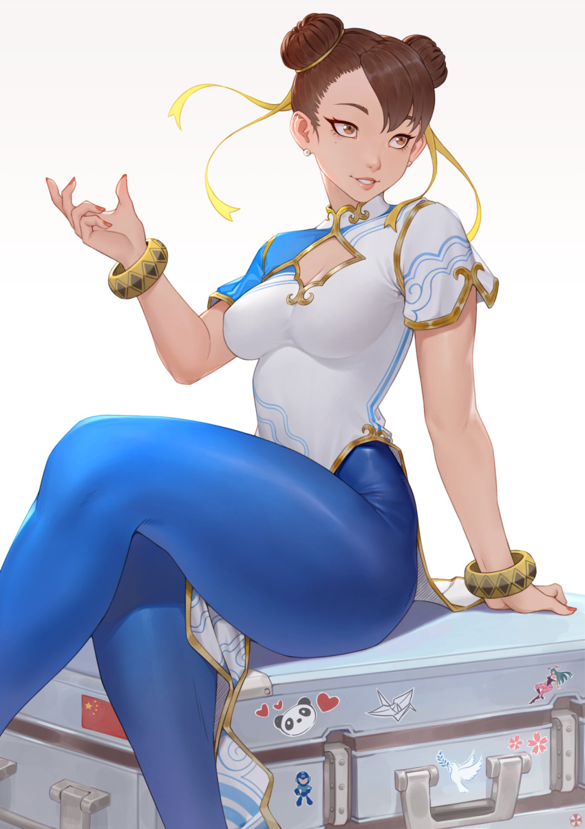 1girl arm_support blue_pants bracelet breasts brown_eyes brown_hair cheshirrr china_dress chinese_clothes chun-li cleavage clothing_cutout commentary_request double_bun dress duplicate earrings fingernails gold_trim hair_bun hand_up highres jewelry lips looking_to_the_side luggage medium_breasts mega_man_(series) mole mole_under_eye nail_polish pants parted_lips pelvic_curtain people's_republic_of_china_flag pixel-perfect_duplicate shiny shiny_clothes shiny_hair short_sleeves simple_background sitting skin_tight smile sticker street_fighter street_fighter_6 turtleneck vampire_(game) white_background