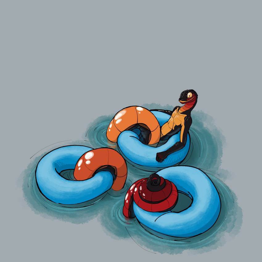 2022 absurd_res anthro apode black_body black_scales coiled_tail digital_media_(artwork) draconcopode ediblecrustables hi_res inflatable inner_tube legless long_body looking_at_viewer male orange_body outside reptile scales scalie serpentine simple_background smile snake solo solo_focus water