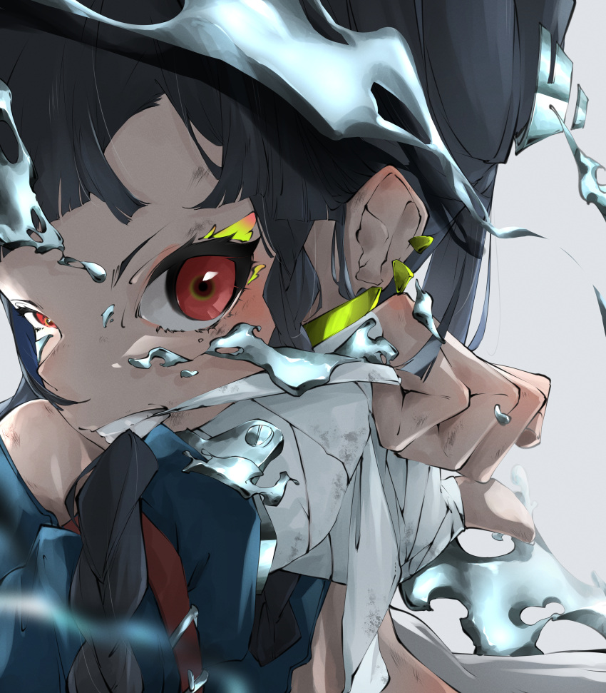 1girl absurdres biting black_hair bracelet braid daichi hair_strand hand_wraps highres jewelry original red_eyes solo