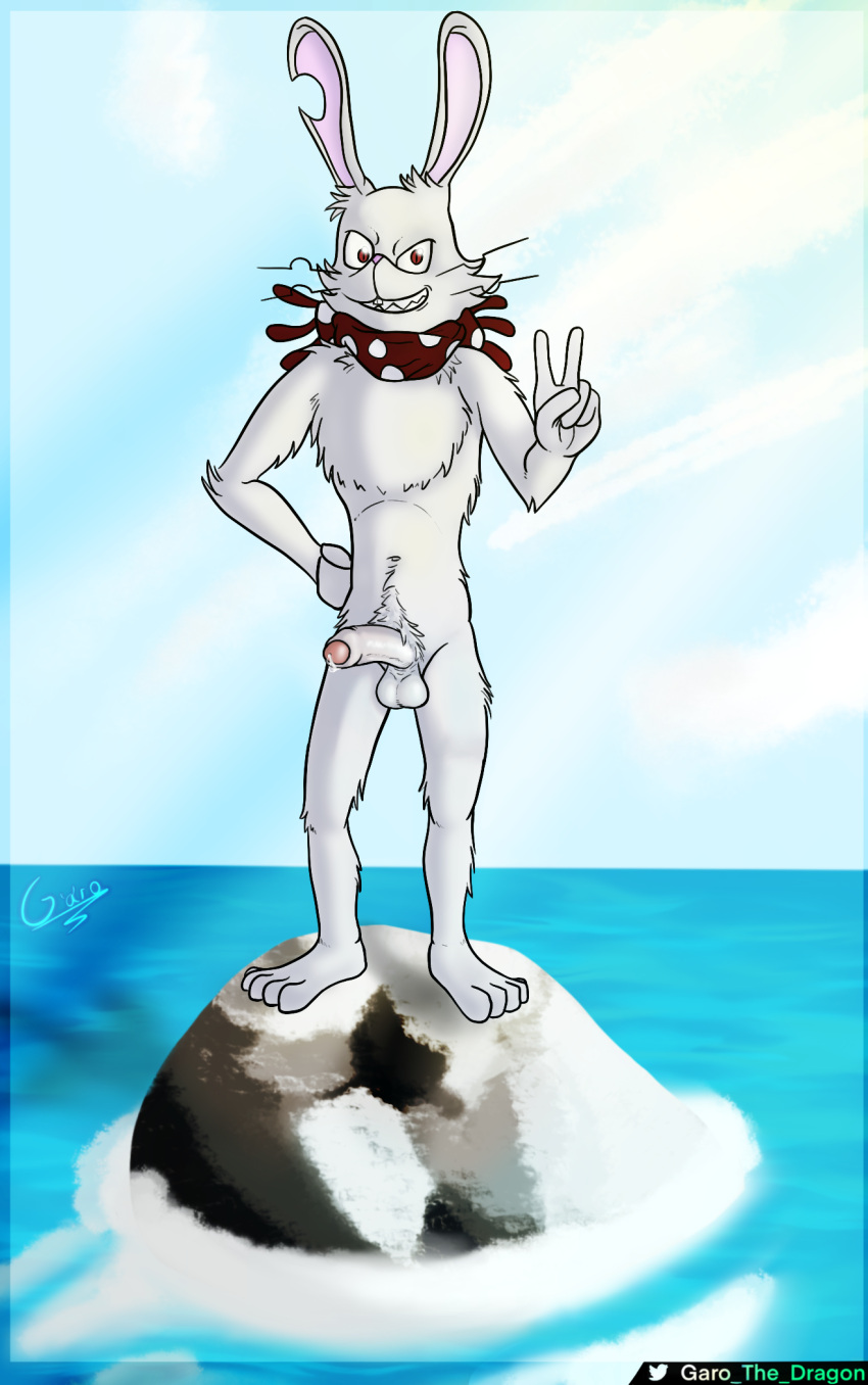 anthro balls beach bodily_fluids detailed_background erection foreskin fur garo_(artist) genital_fluids genitals gesture hand_on_hip hi_res lagomorph leporid long_ears looking_at_viewer male mammal navel nude oumagadoki_zoo penis plantigrade precum pubes rabbit rock scar scarf sea seaside shaded shiina shiina_(oumagadoki_doubutsuen) smile smirk solo standing v_sign water whiskers white_body white_fur