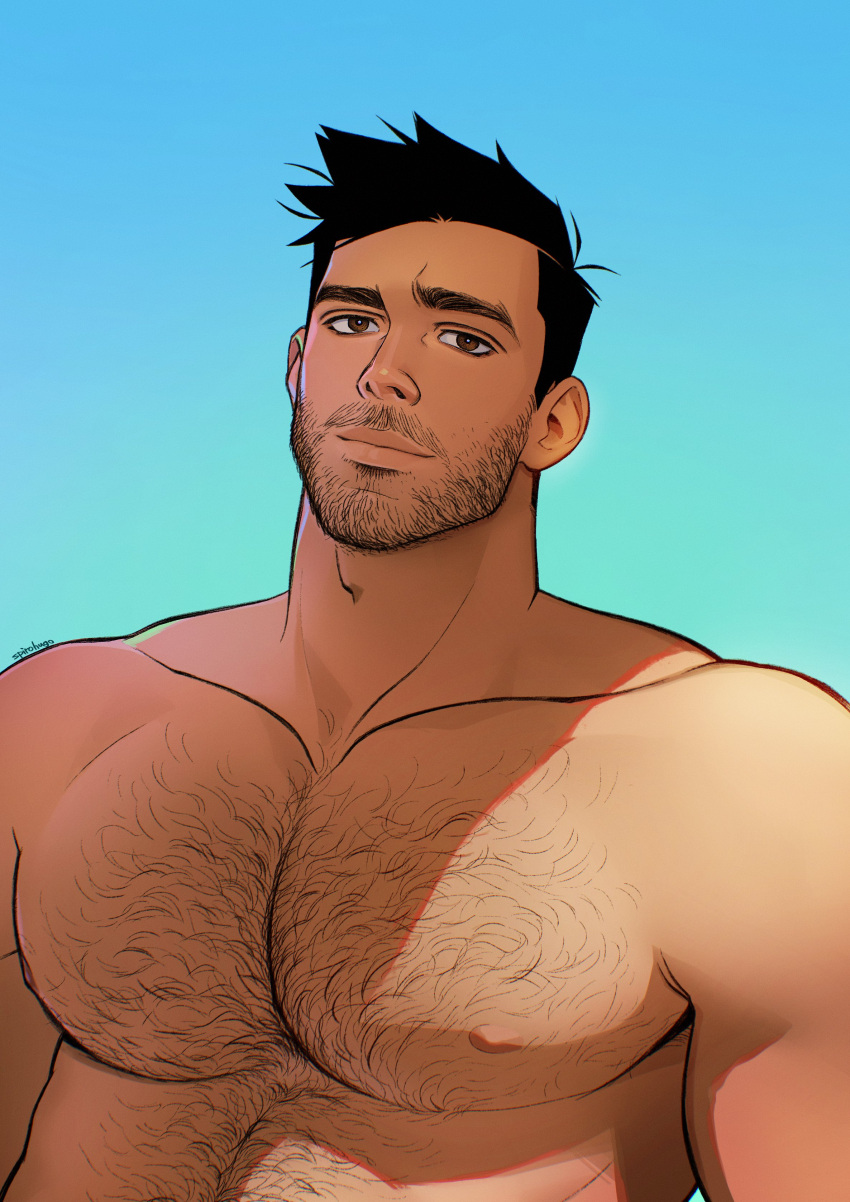 1boy absurdres bara black_hair brown_eyes chest_hair closed_mouth facial_hair highres large_pectorals looking_at_viewer male_focus manly muscular muscular_male nipples original pectorals seupil_hyugo_(spirohugo) short_hair sideburns solo upper_body