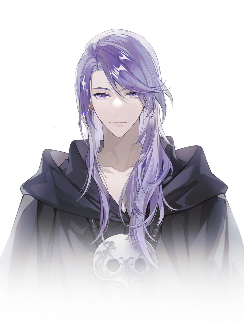 1boy alternate_hairstyle bangs bishounen chinese_commentary collarbone commentary_request cropped_torso final_fantasy final_fantasy_xiv hair_down highres hood hood_down hythlodaeus lieshang773 light_smile long_hair looking_at_viewer male_focus mask mask_removed portrait purple_eyes purple_hair simple_background solo straight-on swept_bangs white_background