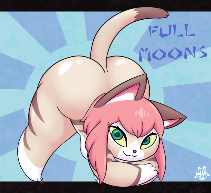 anthro ass_up brown_body brown_fur butt capcom eyelashes felid felyne female foamytail fur glistening glistening_butt green_eyes hair hi_res jack-o'_pose light_brown_fur looking_at_viewer lynian mammal monster_hunter monster_hunter_stories_2:_wings_of_ruin moon mooning nude palico pink_hair pose raised_tail solo tsukino_(monster_hunter_stories) video_games white_body white_fur yellow_sclera