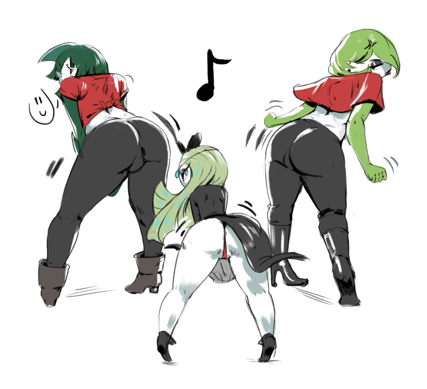 2018 anthro bent_over big_butt butt clothing ear_piercing ear_ring female footwear gallade gardevoir girly group hi_res high_heels legendary_pok&eacute;mon looking_at_viewer looking_back male meloetta motion_lines nintendo panties piercing pok&eacute;mon pok&eacute;mon_(species) redfred shaking_butt shirt shoes size_difference tied_shirt tight_clothing topwear trio twerking underwear video_games