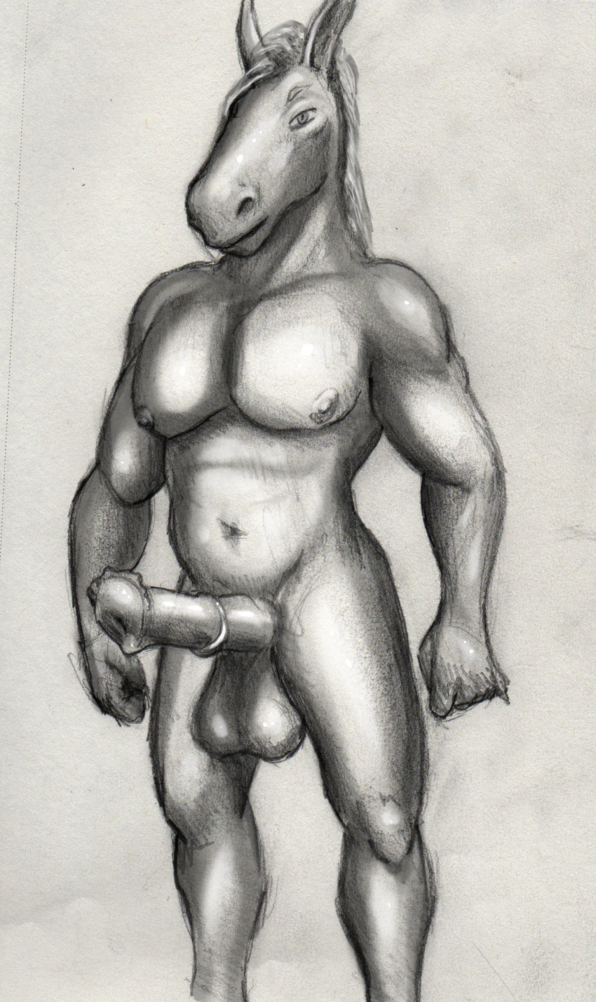 absurd_res animal_genitalia animal_penis anthro balls belly big_balls big_muscles big_penis black_and_white closed_mouth digital_media_(artwork) equid equine equine_penis erection fist flared_penis fur genitals glistening glistening_body greyscale hair hi_res horse looking_at_viewer male mammal manly monochrome musclegut muscular muscular_anthro muscular_male navel nipples nude pecs penis rough_sketch simple_background solo standing tailless thecuckingfunts traditional_media_(artwork) white_background