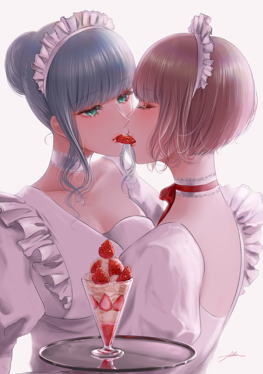 2girls aqua_eyes artist_name bangs blue_hair blush breasts closed_eyes collarbone filha french_kiss highres kiss looking_at_another maid maid_headdress multiple_girls open_mouth original parted_lips pink_hair short_hair tongue tongue_out tray upper_body white_background yuri