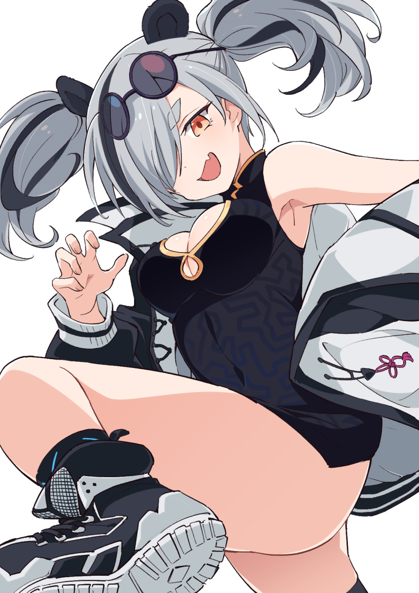 1girl arknights black_dress black_footwear black_hair blush breasts china_dress chinese_clothes cleavage covered_navel dress eyewear_on_head fang feater_(arknights) grey_hair hair_over_one_eye highres kamuraaa_615 large_breasts long_sleeves open_mouth red_eyes shoes short_twintails skin_fang sleeveless sleeveless_dress smile sneakers solo sunglasses twintails