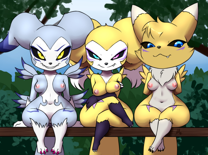 anthro bandai_namco breast_squish breasts cleavage clothed clothing crossed_arms crossed_legs cute_fangs dark_sclera digimon digimon_(species) facial_markings female fur furball_(artist) garurumon genitals grey_body grey_fur grin group hands_behind_back head_markings heterochromia hybrid impmon jeina_garurimpmon_(character) looking_at_viewer markings navel nipples nude plant pussy renamon renimpmon renimpmon_x short_stack small_feet smile squish tree trio yakizu_asaki yellow_body yellow_fur