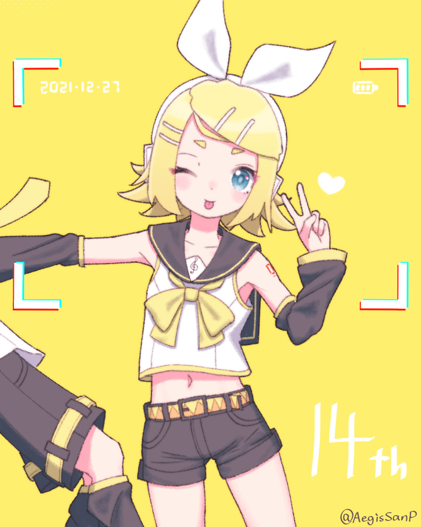 1boy 1girl :p aegissanp anniversary artist_name bangs battery_indicator belt blonde_hair blue_eyes blush_stickers bow bowtie crop_top dated detached_sleeves falling flipped_hair hair_bow hair_ornament hairclip hand_up headphones heart highres kagamine_len kagamine_rin leg_warmers long_sleeves looking_away looking_to_the_side midriff navel neck_ribbon necktie out_of_frame outstretched_arm pushing pushing_away ribbon sailor_collar shirt short_hair shorts sleeveless sleeveless_shirt thick_eyebrows tongue tongue_out v viewfinder vocaloid