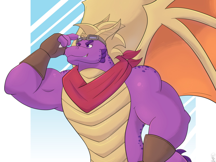 2022 activision anthro bandanna clothing donttouchmylasagna dragon eyewear eyewear_on_head fingerless_gloves gloves goggles goggles_on_head gradient_background handwear kerchief male muscular muscular_male purple_body simple_background spyro spyro_the_dragon video_games