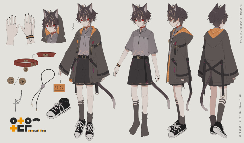 1boy absurdres ahoge animal_collar animal_ear_fluff animal_ears armband artist_self-insert bangs belt black_legwear cat_ears cat_tail character_name character_sheet collar collared_shirt cross cross_necklace eyebrows_behind_hair grey_background hekicha highres hood hood_down hooded_jacket hoodie indie_virtual_youtuber jacket jewelry multicolored_hair nail_polish necklace ookami_ciro otozuki_teru polo_shirt red_eyes ring shirt shirt_tucked_in shoes short_hair shorts sidelocks simple_background skull skull_necklace sneakers socks strap streaked_hair tail tsurime virtual_youtuber