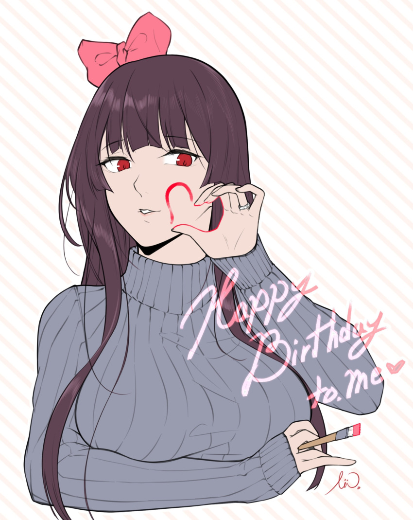 1girl absurdres arm_up bangs bow cropped_torso girls'_frontline grey_sweater hair_bow happy_birthday heart heart_print highres holding inkwell jewelry long_hair looking_at_viewer open_mouth parted_lips pink_bow purple_hair red_eyes ring simple_background solo stigmamyu striped striped_background sweater upper_body wa2000_(girls'_frontline)