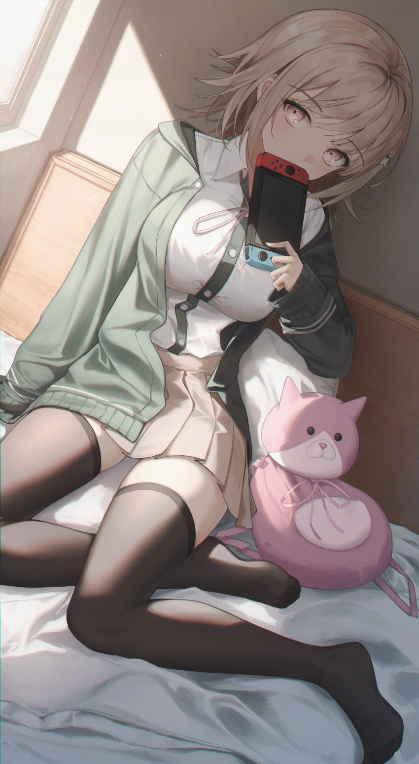 1girl absurdres animal_bag bangs blush breasts brown_legwear cardigan cat_bag collared_shirt covered_mouth covering_mouth danganronpa_(series) danganronpa_2:_goodbye_despair dress_shirt dutch_angle flippy_(cripine111) full_body game_console green_sweater hair_ornament highres holding hope's_peak_academy_school_uniform indoors large_breasts legs light_brown_hair looking_at_viewer nanami_chiaki no_shoes on_bed open_cardigan open_clothes pink_eyes pleated_skirt school_uniform shirt shirt_tucked_in short_hair sidelocks sitting skirt sleeves_past_wrists solo sunlight sweater thighhighs white_shirt zettai_ryouiki