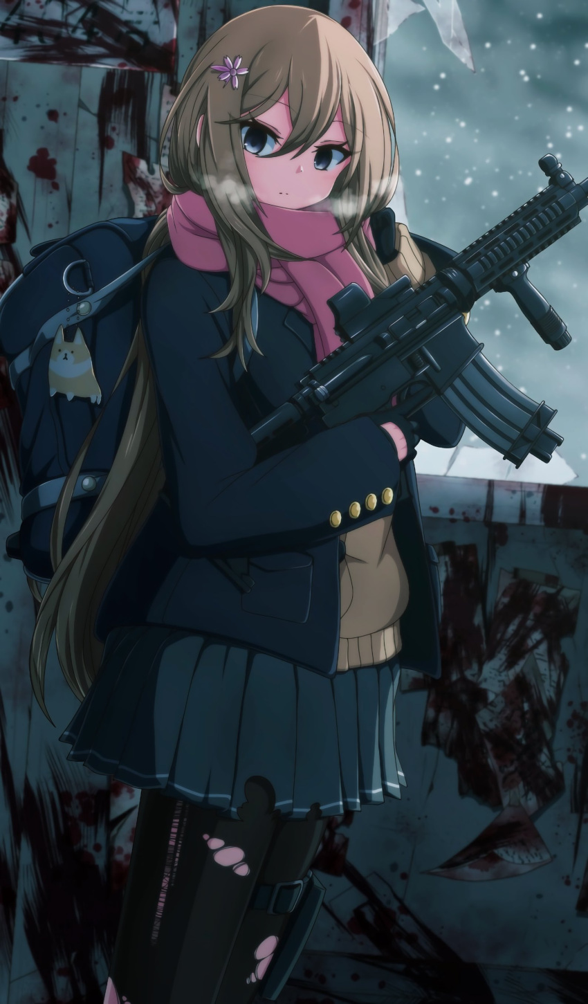 1girl absurdres assault_rifle bag bag_charm black_gloves black_legwear blazer blood blue_jacket blue_skirt breath broken_window brown_hair cardigan charm_(object) closed_mouth cropped_legs den_noko flower gloves grey_eyes gun hair_between_eyes hair_flower hair_ornament highres holding holding_gun holding_weapon indoors jacket long_hair long_sleeves looking_at_viewer m4_carbine open_clothes open_jacket original pantyhose pink_flower pink_scarf pleated_skirt rifle scarf school_bag school_uniform skirt snow solo torn_clothes torn_legwear torn_skirt very_long_hair weapon window