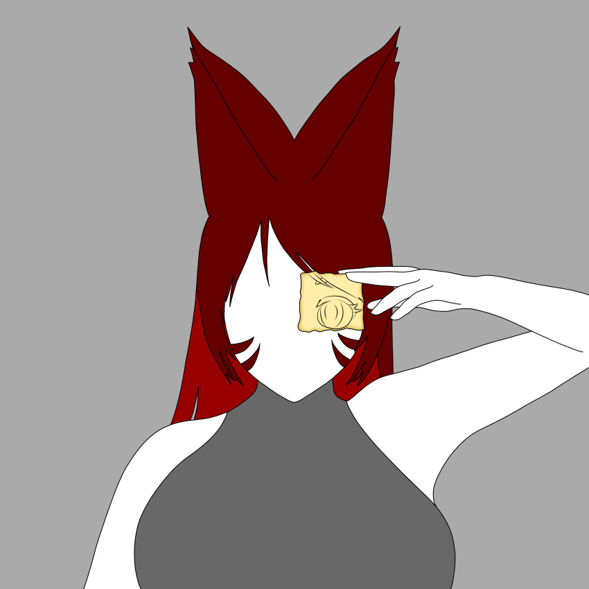 absurd_res amethyst_kitsune amy_kitsune anthro breasts canid canine close-up clothing crop_top drawing faceless_character faceless_female female female/female fox fox_ears fox_spirit grey_background hair hi_res holding_object humanoid mammal markings paper red_hair shirt simple_background solo striped_markings stripes topwear white_body