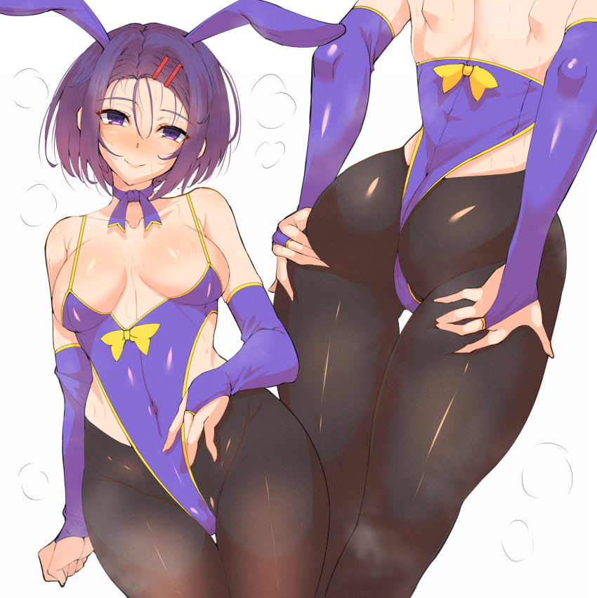 1girl animal_ears ass bare_shoulders black_legwear blush breasts bridal_gauntlets choker cleavage collarbone covered_navel hair_between_eyes hair_ornament hairclip highres large_breasts leotard looking_at_viewer multiple_views pantyhose playboy_bunny purple_choker purple_eyes purple_hair purple_leotard rabbit_ears sairenji_haruna short_hair smile thighs to_love-ru wakura_(gcdan) white_background