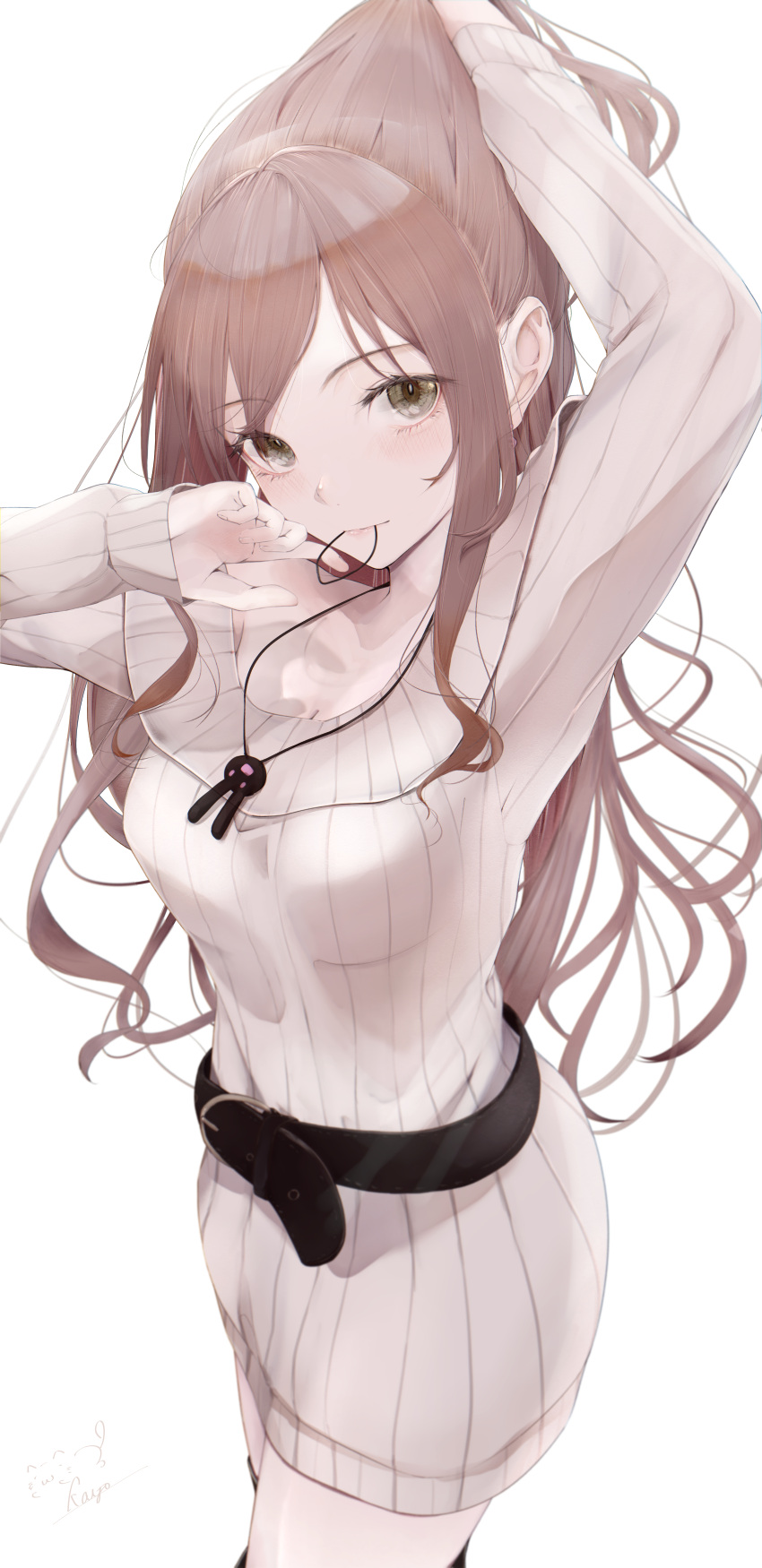 1girl absurdres arm_up bang_dream! bangs belt black_belt breasts brown_hair cowboy_shot dress green_eyes hair_tie_in_mouth hand_in_own_hair highres holding holding_hair imai_lisa jewelry kisaragi_yaya long_hair long_sleeves looking_at_viewer medium_breasts mouth_hold necklace sidelocks signature simple_background sleeves_past_wrists smile solo striped striped_dress sweater sweater_dress swept_bangs thighhighs thighs tying_hair white_background