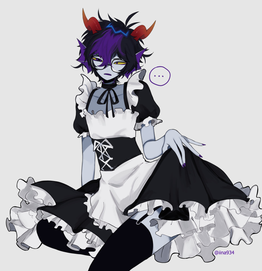 1boy absurdres alternate_costume apron bangs black_legwear colored_sclera colored_skin crossdressing embarrassed eridan_ampora fingernails glasses grey_skin head_fins highres holding homestuck horns iina934 looking_at_viewer maid maid_apron maid_headdress messy_hair nail_polish open_mouth pantyhose purple_eyes purple_nails ribbon short_hair simple_background sitting white_apron white_background yellow_sclera