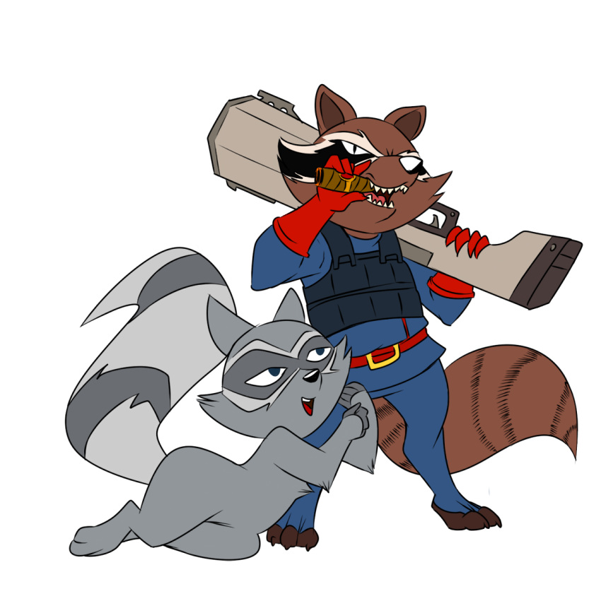 anthro armor belt cartoon_hangover cigar clothing coco_(doctor_lollipop) colored crossover doctor_lollipop duo fangs female gloves guardians_of_the_galaxy gun handwear hi_res leg_grab lonbluewolf male mammal marvel procyonid pupils raccoon ranged_weapon rifle rocket_raccoon simple_background slit_pupils weapon white_background