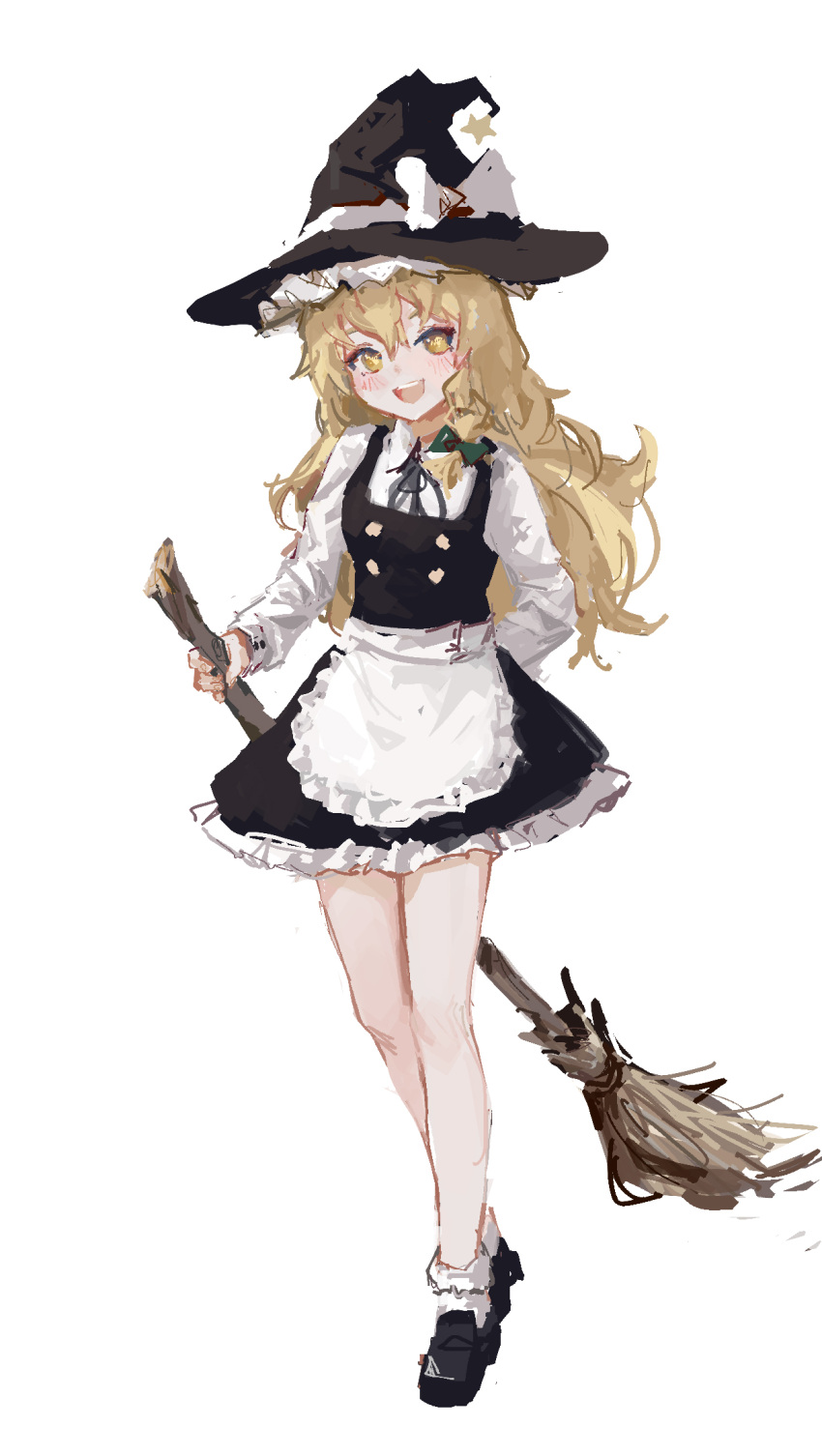 1girl :d apron arm_behind_back black_dress black_footwear black_hat blonde_hair blush bow broom collared_shirt dress frilled_apron frilled_dress frills full_body hair_between_eyes hat hat_bow highres holding holding_broom kirisame_marisa long_hair long_sleeves looking_at_viewer mary_janes open_mouth reddizen shirt shoes short_dress simple_background smile socks solo star_(symbol) teeth touhou upper_teeth_only waist_apron white_apron white_background white_bow white_shirt white_socks witch_hat yellow_eyes
