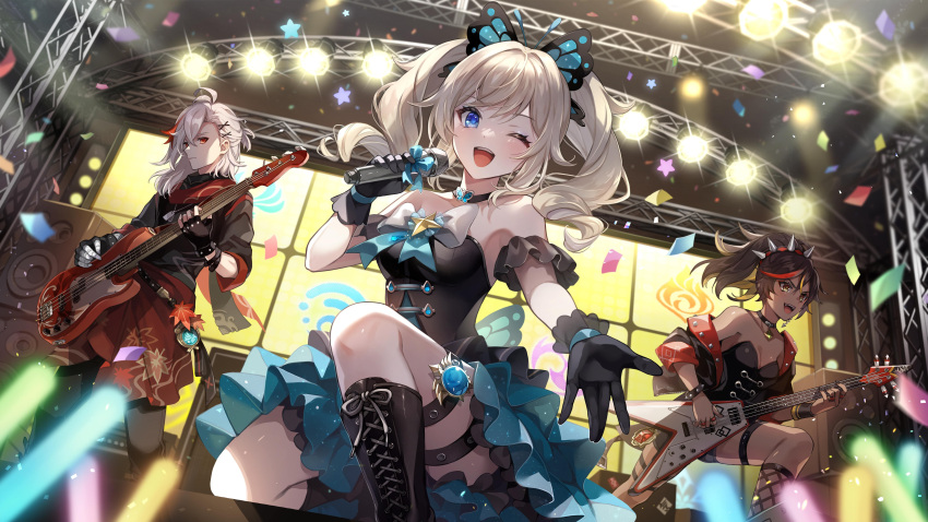 1boy 2girls absurdres barbara_(genshin_impact) blonde_hair blue_eyes blush boots breasts brown_hair butterfly_hair_ornament closed_mouth commentary_request concert dress fang fingerless_gloves french_commentary genshin_impact gloves guitar hair_ornament highres holding holding_instrument holding_microphone instrument kaedehara_kazuha knee_boots kneeling light_particles lights long_hair looking_at_viewer medium_breasts medium_hair microphone multicolored_hair multiple_girls nail_polish one_eye_closed open_mouth outstretched_arm paimondstadt red_eyes red_hair small_breasts smile standing thigh_strap thighs twintails vision_(genshin_impact) xinyan_(genshin_impact) yellow_eyes