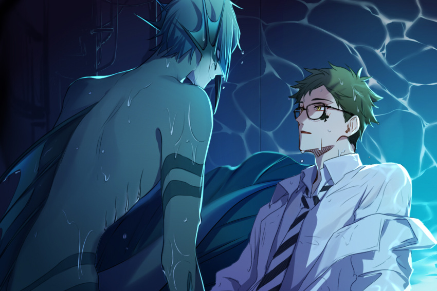 2boys back_fin bangs black_hair blue_hair blue_skin blush body_markings caustics club_(shape) collared_shirt colored_skin covered_eyes dodoss_dont eel_boy facial_mark gills glasses green_hair head_fins jacket jade_leech long_sleeves looking_at_another male_focus monster_boy multicolored_hair multiple_boys necktie nude off_shoulder parted_lips shirt short_hair streaked_hair striped_necktie trey_clover twisted_wonderland upper_body wall water wet wet_clothes wet_hair white_jacket white_shirt yellow_eyes