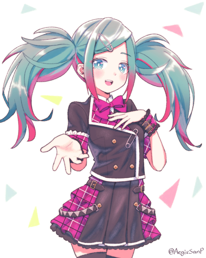 1girl :d aegissanp artist_name bangs belt blue_eyes blue_hair bow bowtie buttons double-breasted hair_ornament hairclip hand_on_own_chest hatsune_miku highres jacket layered_skirt leo/need_(project_sekai) long_hair looking_at_viewer multicolored_hair open_mouth parted_bangs pink_hair plaid pleated_skirt project_sekai reaching_out safety_pin skirt smile solo thighhighs triangle twintails two-tone_hair wrist_cuffs