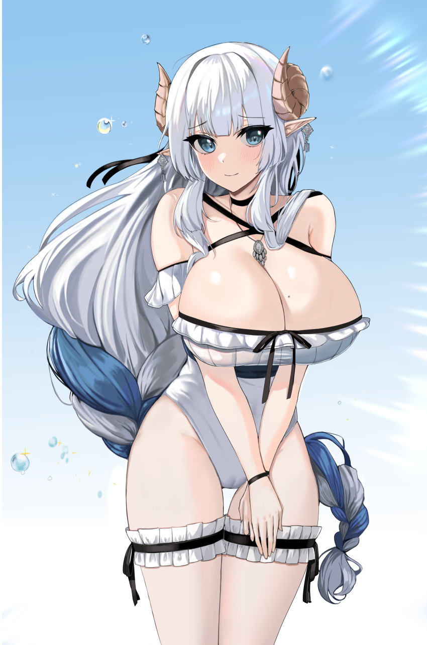 1girl absurdres between_breasts blue_eyes braid braided_ponytail breasts cameltoe cleavage highleg highleg_swimsuit highres horns jewelry large_breasts looking_at_viewer necklace original pointy_ears smile solo swimsuit thigh_gap thigh_strap thighs tongtangtong white_hair white_swimsuit