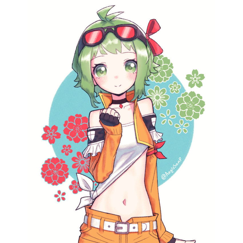 1girl aegissanp armband artist_name asymmetrical_clothes bangs belt blush choker cropped_vest fingerless_gloves flower frills gloves goggles goggles_on_head green_eyes green_hair gumi hair_ribbon hand_up highres layered_sleeves long_sleeves looking_at_viewer midriff navel off-shoulder_shirt off_shoulder ribbon shirt short_hair shorts sidelocks sleeves_past_wrists smile solo t-shirt tied_shirt unbuttoned_shorts vest vocaloid