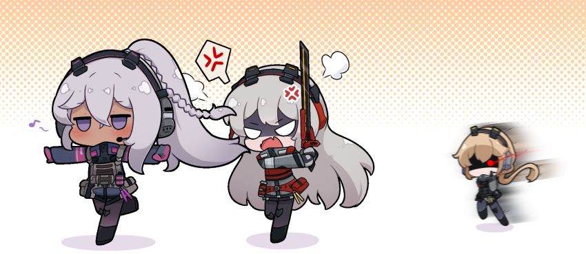 3girls anger_vein angry bangs blonde_hair blush body_armor braid bulletproof_vest charolic_(girls'_frontline_2) chibi commission commissioner_upload dark-skinned_female dark_skin fleeing full_body girls'_frontline_2:_exilium grey_hair hair_between_eyes headphones highres holding holding_sword holding_weapon kurotofu load_bearing_equipment load_bearing_vest long_hair multiple_girls nemesis_(girls'_frontline_2) open_mouth ots-14_(girls'_frontline) ponytail pouch purple_eyes running shadow sword tactical_clothes weapon