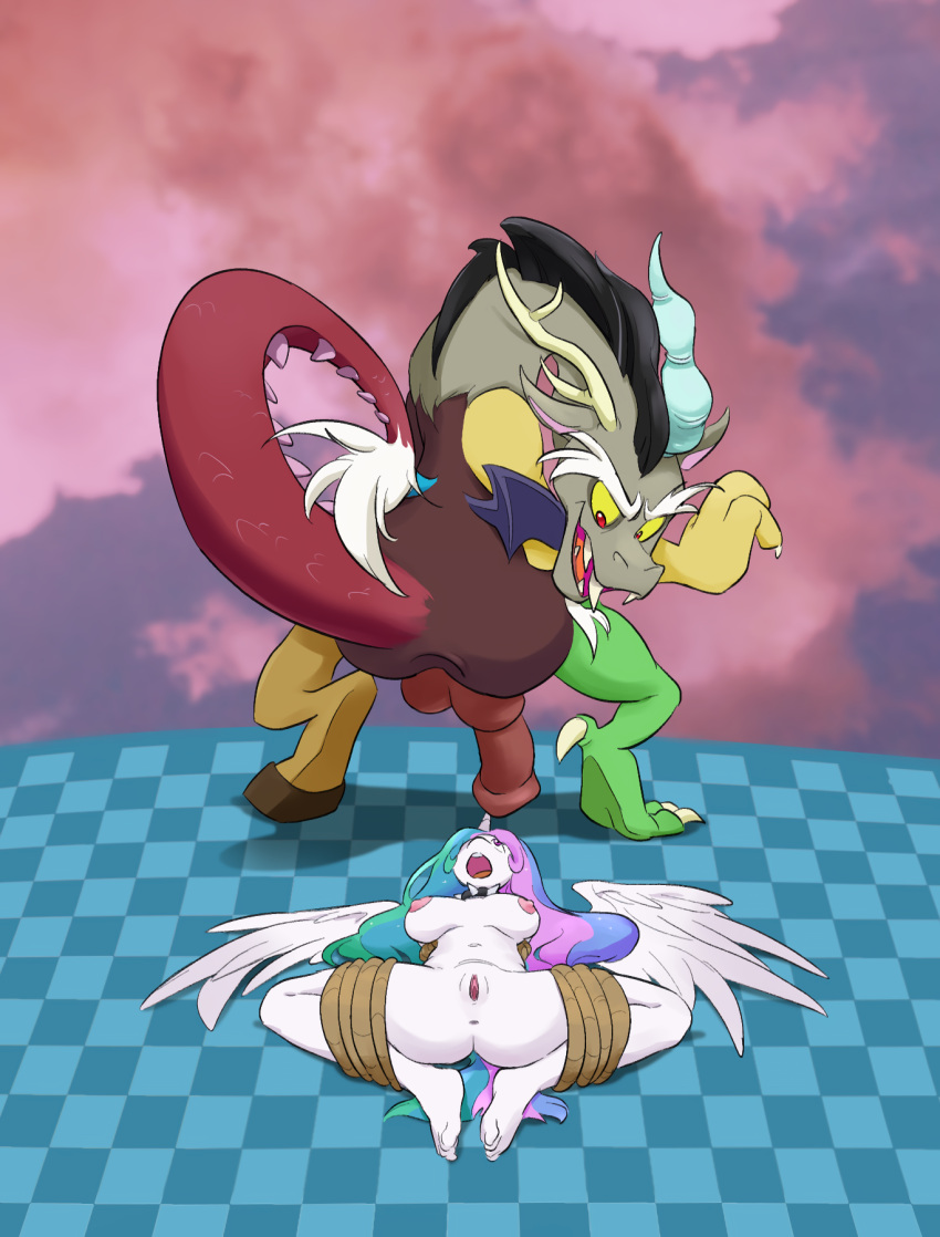 2021 anthro anthrofied antlers anus butt chimera collar digital_media_(artwork) discord_(mlp) draconequus duo equid equine eyebrows feathered_wings feathers feet female fingers friendship_is_magic genitals hair hasbro hi_res hooves horn humanoid_feet imminent_scat looking_down mae_(artist) male male/female mammal multicolored_hair my_little_pony open_mouth penis princess_celestia_(mlp) raised_tail red_eyes sharp_teeth spiked_collar spikes teeth white_body white_feathers winged_unicorn wings yellow_sclera