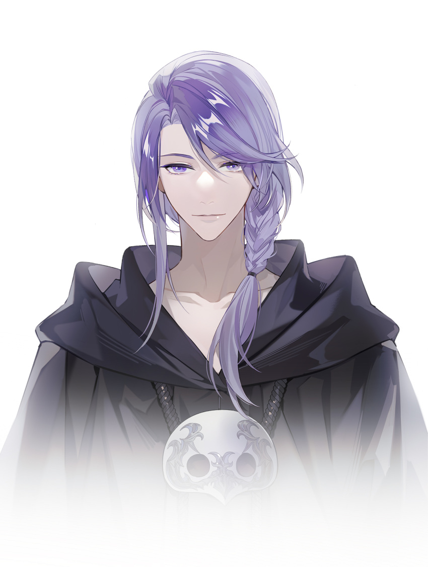 1boy bangs bishounen braid chinese_commentary collarbone commentary_request cropped_torso final_fantasy final_fantasy_xiv highres hood hood_down hythlodaeus lieshang773 light_smile looking_at_viewer male_focus mask mask_removed medium_hair portrait purple_eyes purple_hair side_braid simple_background single_braid solo straight-on swept_bangs white_background